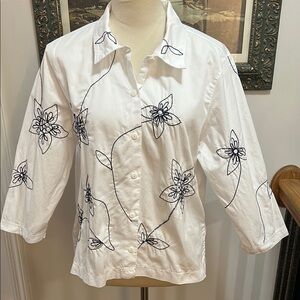 Cotton Embroidered Women's Blouse White and Blue
